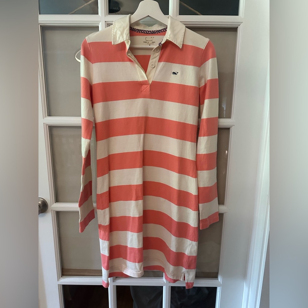 Vineyard Vines Coral and Cream Striped Long Sleeve Dress